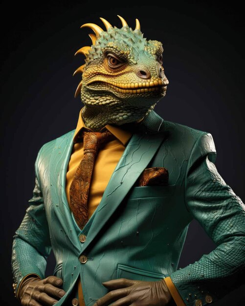 Photo lézard 3d en costume d'affaires avec un corps humain à la recherche de sérieux avec un fond de studio dramatique