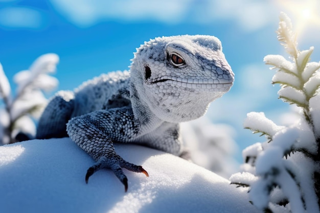 Le lézard arctique en gros plan dans la neige