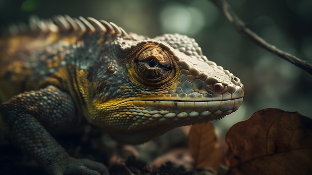 Un lézard au visage jaune et à la tête verte regarde la caméra.