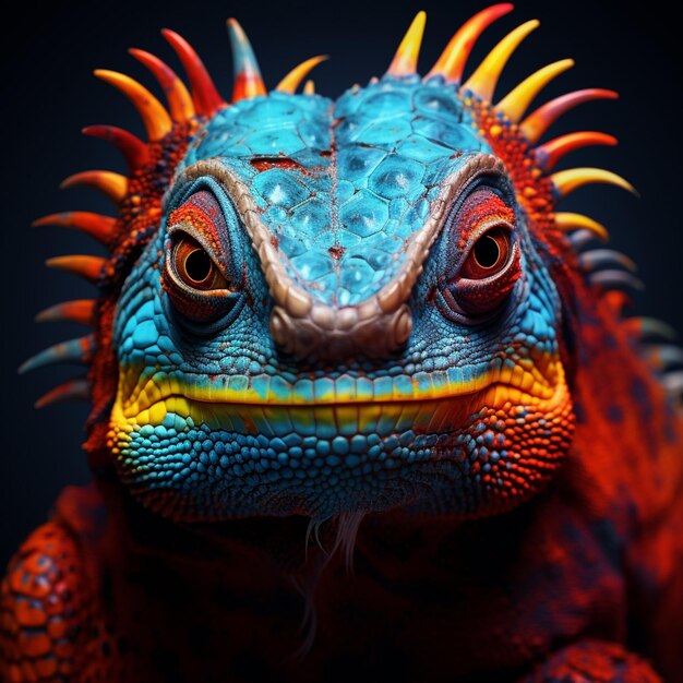 lézard aux couleurs vives avec des pointes sur la tête et les yeux ai générative