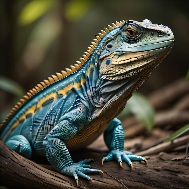 Un lézard bleu avec des marques orange et jaune est assis sur une branche