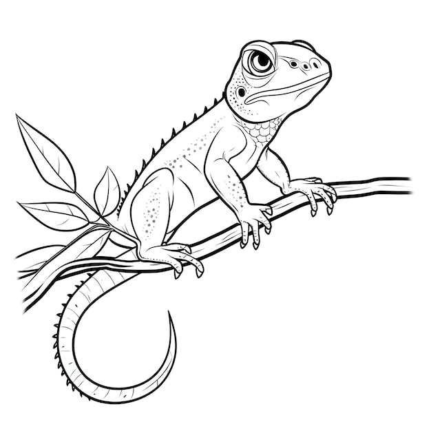 Un lézard sur une branche avec une feuille dessus.