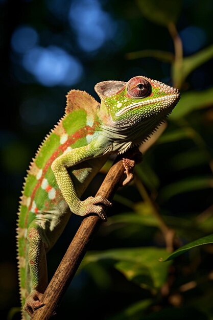 un lézard camélon assis au sommet d'une branche d'arbre