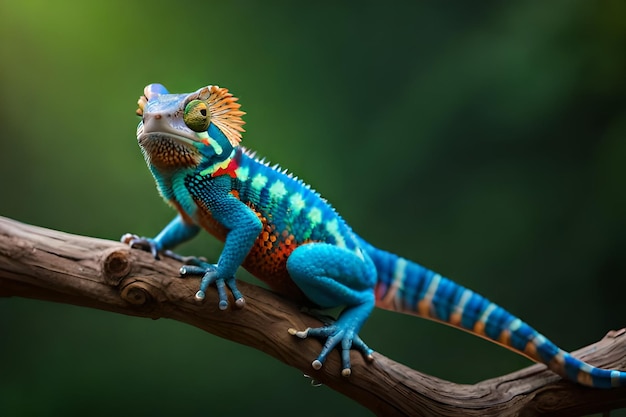 Un lézard coloré est assis sur une branche dans une jungle.