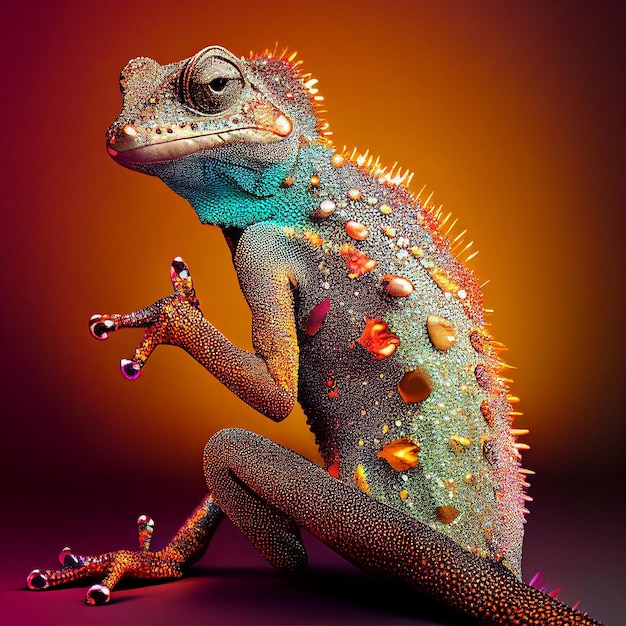 Photo un lézard coloré avec de nombreuses pointes sur la tête est assis sur un fond coloré.