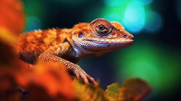 Un lézard à corps entier sur une feuille verte, un magnifique lézard.