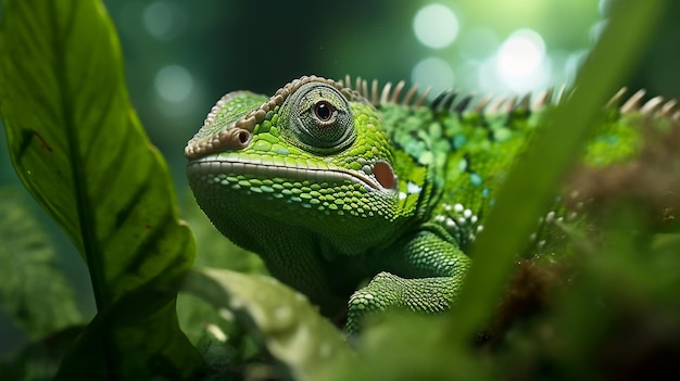 Lézard de couleur verte se bouchent