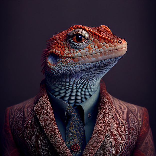 Un lézard avec une cravate rouge et une chemise qui dit « iguane ».