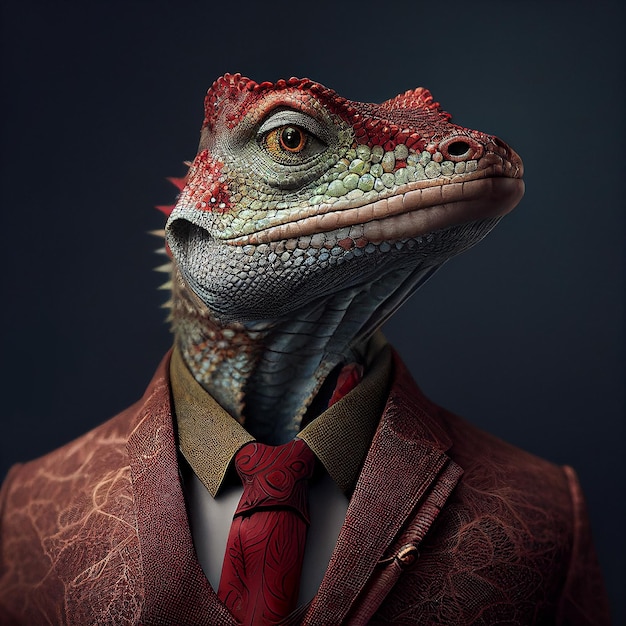 Un lézard avec une cravate rouge et une veste marron