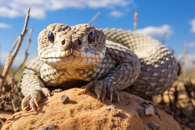 un lézard est allongé sur un rocher avec un ciel bleu en arrière-plan