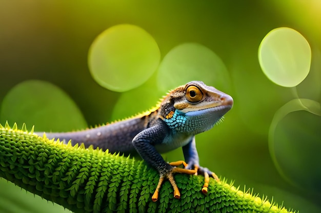 Un lézard est assis sur une feuille de plante avec un arrière-plan flou.