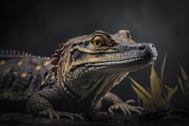 Un lézard avec un fond noir et un oeil jaune