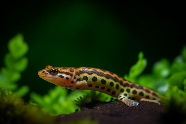 Un lézard marche sur le sol dans l'herbe.