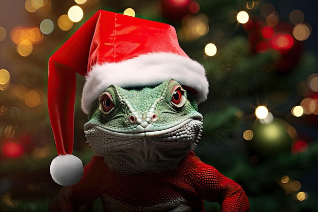 Lézard mignon en bonnet de noel et arbre de Noël avec fond bokeh