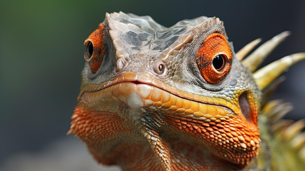 Un lézard avec un nez rouge et un œil jaune regarde la caméra.