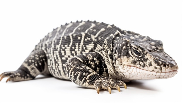 Un lézard noir et blanc est assis sur un fond blanc.