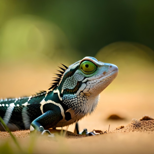 Un lézard noir et blanc avec un motif rayé vert et noir est assis sur le sable.