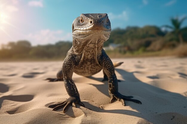 Un lézard perché au sommet d'une plage de sable. Cette image peut être utilisée pour représenter l'habitat naturel des lézards ou pour présenter des destinations balnéaires.