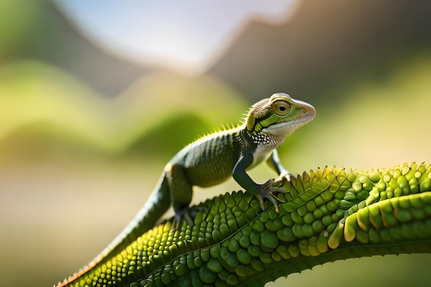 Un lézard sur une plante avec une feuille verte