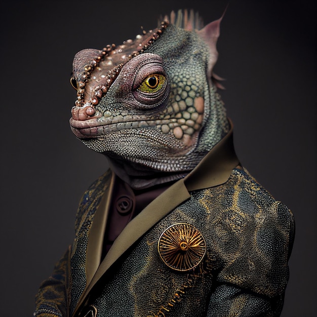 Un lézard portant un costume et une veste avec un bouton d'or.