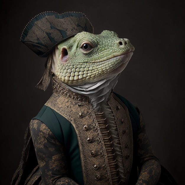 Photo un lézard portant une robe et un chapeau porte une veste avec une bordure dorée.