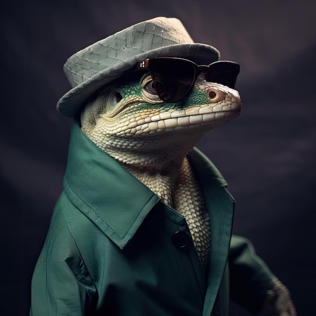 Un lézard portant une veste chapeau