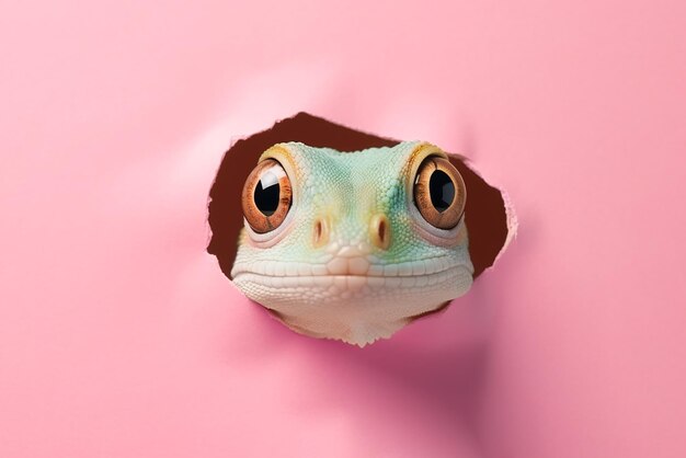 Le lézard regarde avec surprise à travers un trou dans le papier sur un fond rose pastel avec un espace de copie