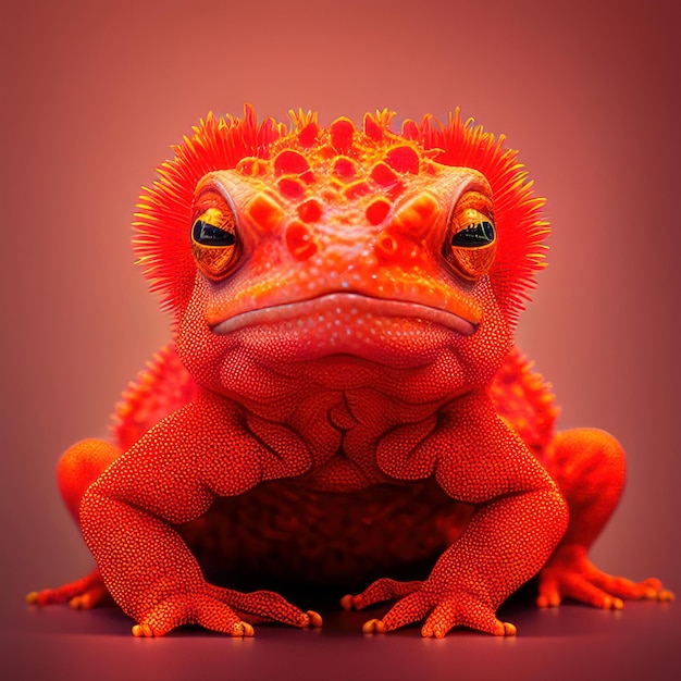 Un lézard rouge et orange avec une tête rouge et un œil jaune.