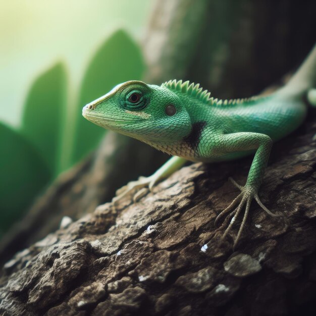 Photo lézard vert sur une branche de la forêt