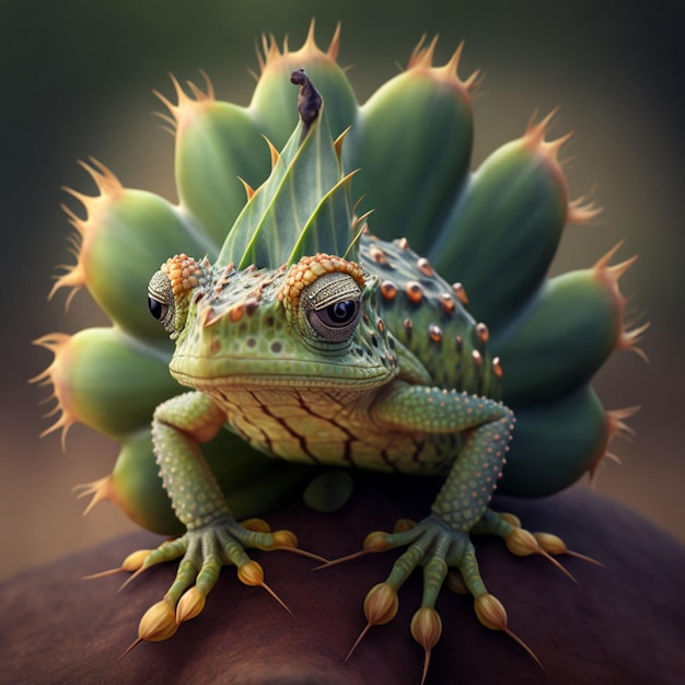 Un lézard vert avec des épines et une feuille avec une fleur dessus.