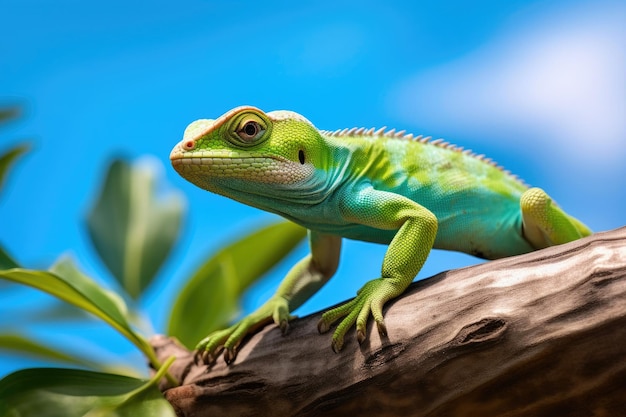 Le lézard vert iridescent au repos