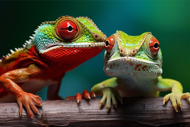 Un lézard vert avec un œil rouge et une tête verte avec une tache rouge sur le dessus