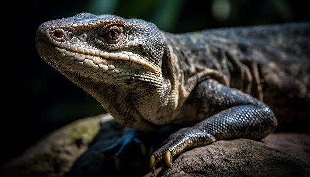 Lézard vert reposant sur une branche regardant la caméra en Afrique généré par l'IA