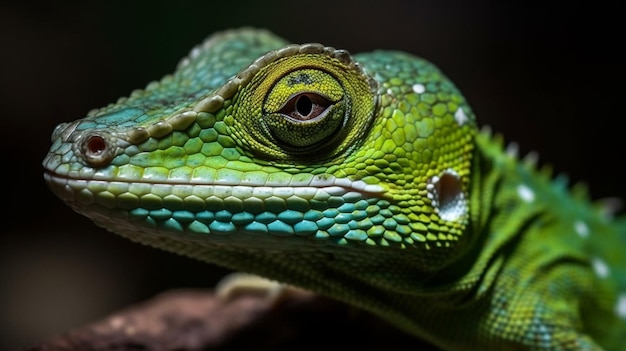 Un lézard vert avec un visage bleu et des yeux verts