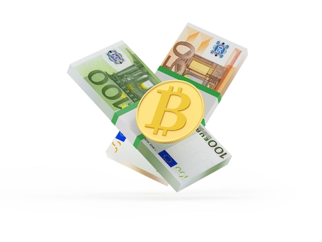 Liasses de billets en euros avec un signe bitcoin.
