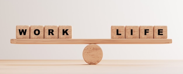 Libellé de travail et de vie sur un bloc de cube en bois sur une balançoire pour l'équilibrage par rendu 3d.