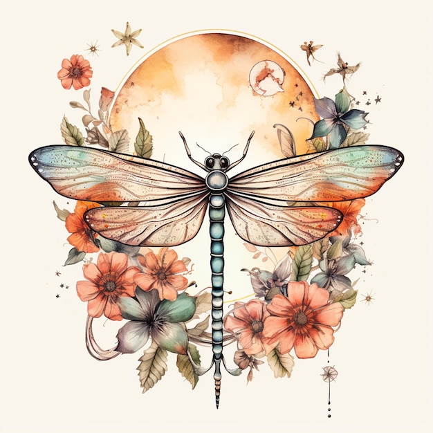 libellule arafée avec des fleurs et des papillons devant une IA générative de pleine lune
