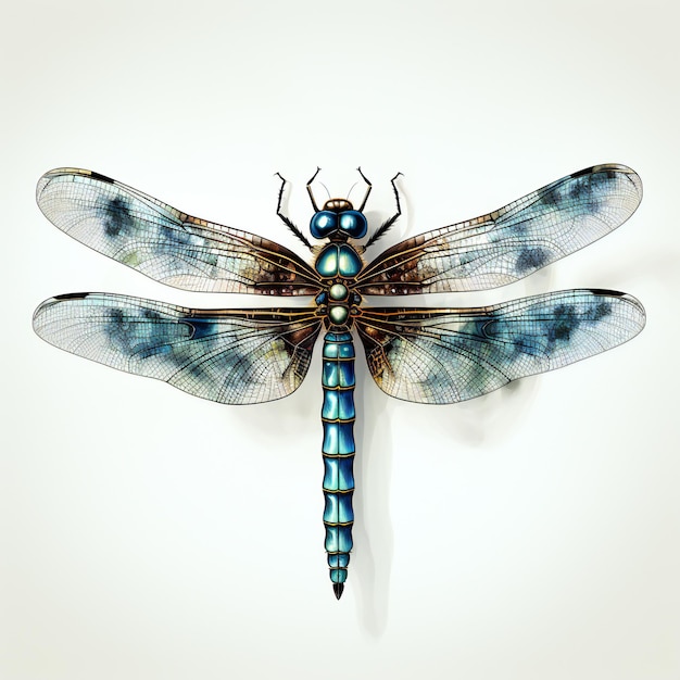 une libellule aux ailes bleues et vertes est représentée.
