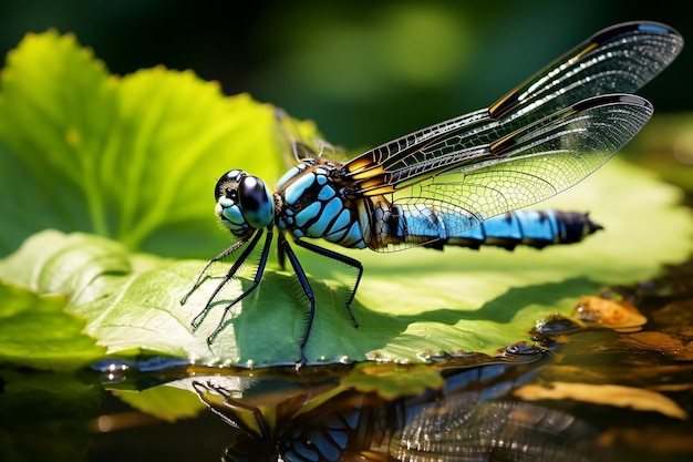 Libellule azur reposant sur un nénuphar dans un étang AI générative