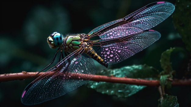 Une libellule sur une branche aux ailes violettes et vertes.