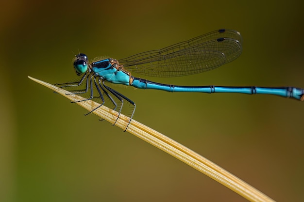 Une libellule est assise sur un brin d'herbe.