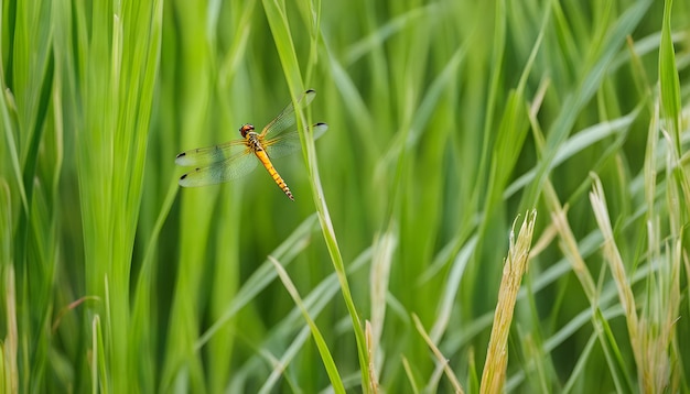 une libellule est sur l'herbe avec un long cou