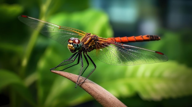 Une libellule perchée sur une feuille verte Une belle libelluleperchée