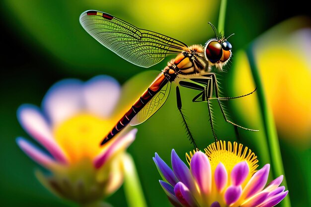 La libellule se repose sur une feuille d'herbe verte La libélule sur la tige d'une plante aquatique Art numérique