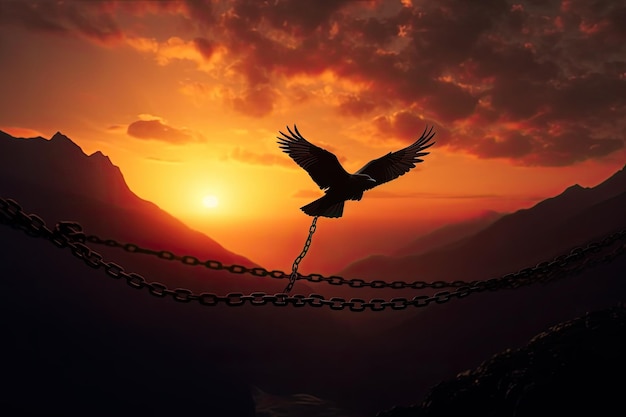 La liberté symbolisée par la silhouette d'un oiseau sur le coucher du soleil de la montagne