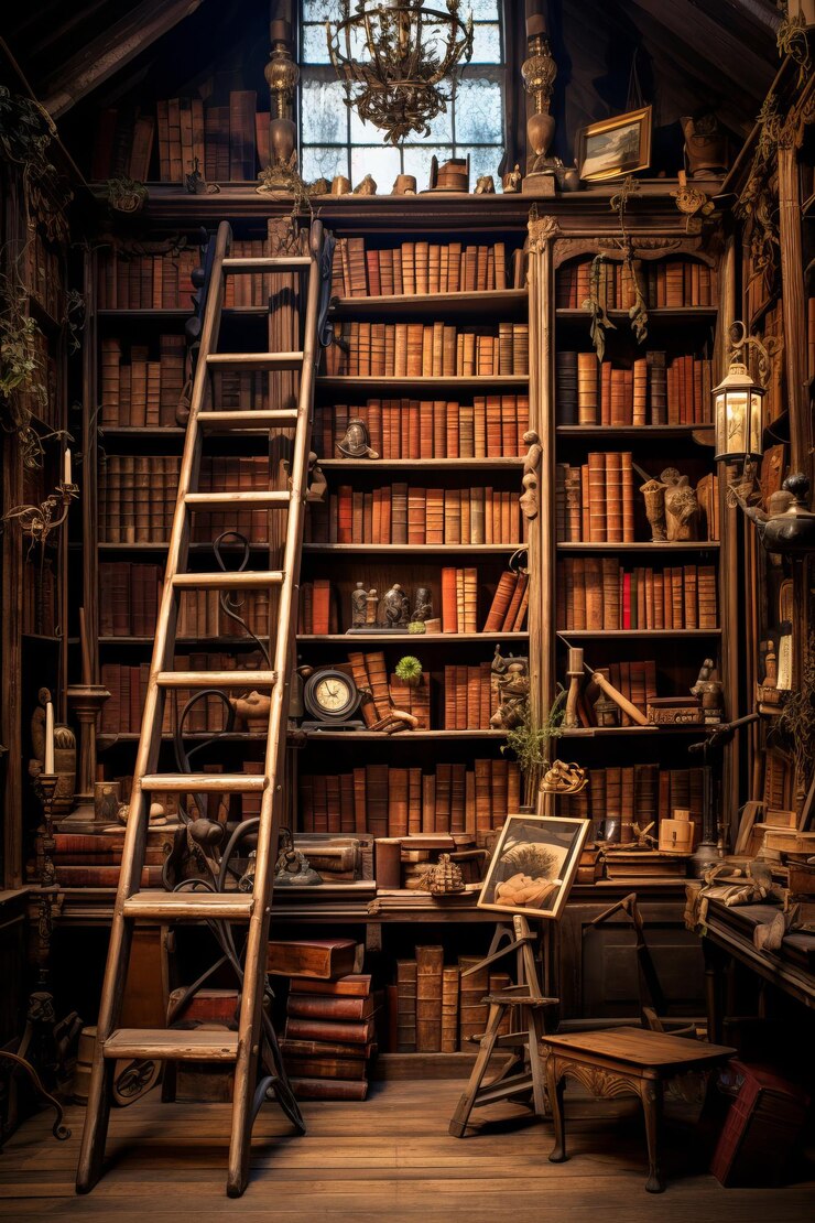 Une librairie antique vide avec des étagères en bois et une échelle illustration générée par l'IA