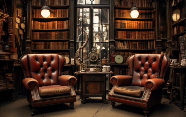 Une librairie vintage avec des chaises en cuir et des volumes vieillis.