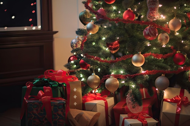 Libre d'un arbre de Noël joliment décoré avec des cadeaux en dessous