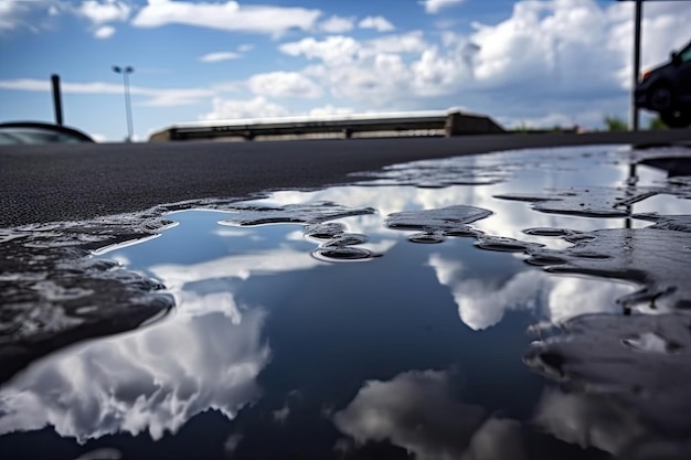 Libre d'asphalte humide avec reflet du ciel et des nuages