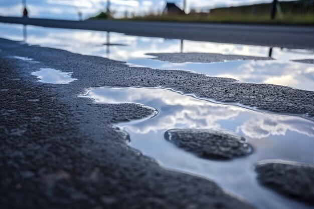 Libre d'asphalte humide avec reflet du ciel et des nuages